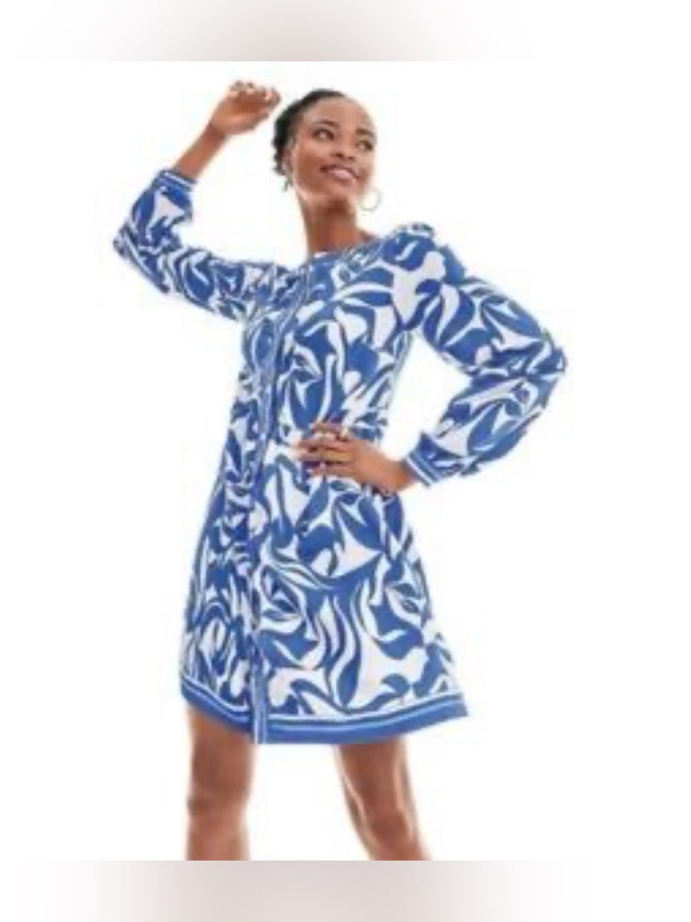 Loft Abstract Swirl Women’s Small Blue White Button Up Long Sleeve Swing Dress